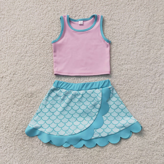 GSD4083 Kids Baby Girls Pink Aqua Vest Mermaid Scallop Skirt Short Yoga Active Clothes Set