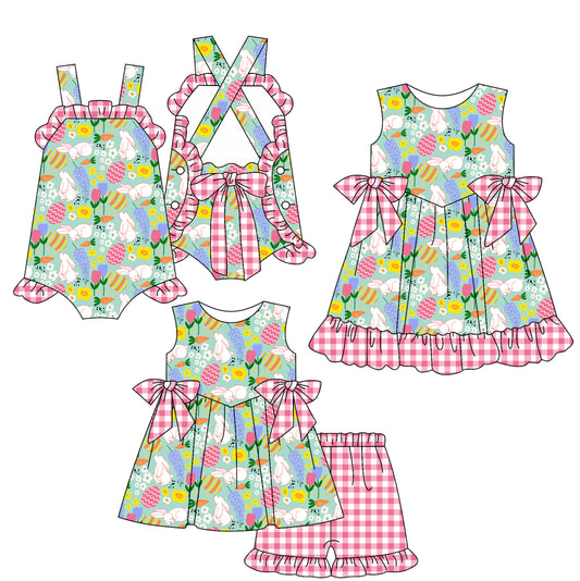 26.1.12 Custom MOQ:3 or 5 pcs each design milk silk Sibling baby girl clothes bunny floral short sleeve shorts sets and dress and romper