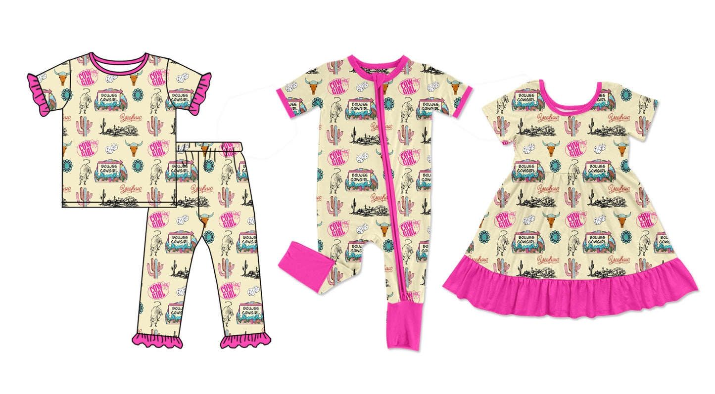 26.1.2 Custom MOQ:3 or 5 pcs each design milk silk Sibling baby girl clothes catcus cow head short sleeve pants sets and dress and romper