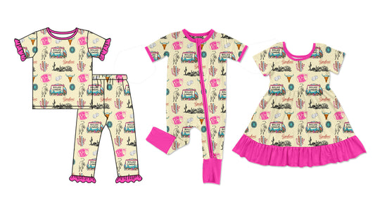 26.1.2 Custom MOQ:3 or 5 pcs each design milk silk Sibling baby girl clothes catcus cow head short sleeve pants sets and dress and romper