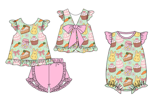 26.1.8 Custom MOQ:3 or 5 pcs each design milk silk Sibling baby girl clothes bunny bow short sleeve shorts sets and romper
