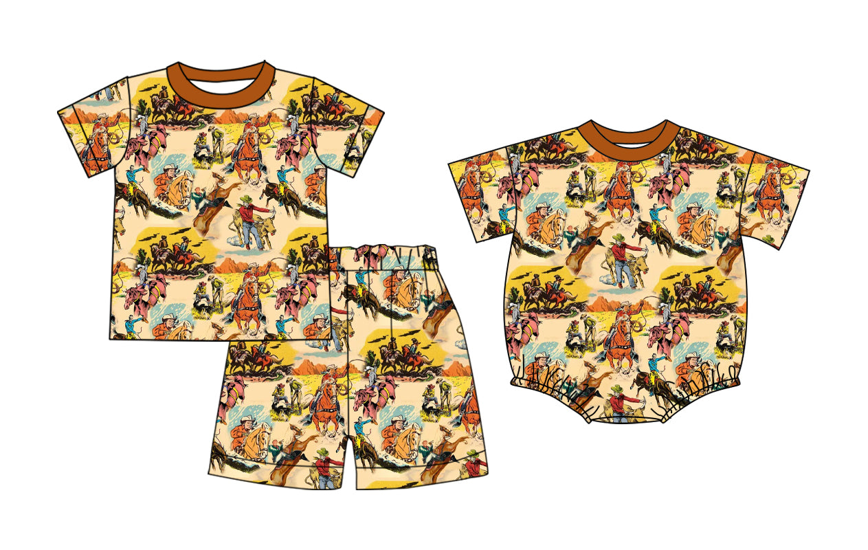 26.1.5 Custom MOQ:3 or 5 pcs each design milk silk Sibling baby boy clothes riding horse short sleeve shorts sets and romper