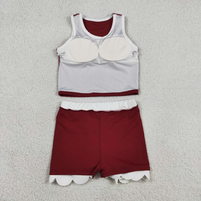 GSD4027 Kids Baby Girls Sleeveless Maroon Vest Scallop Skirt Short Yoga Active Clothes Set