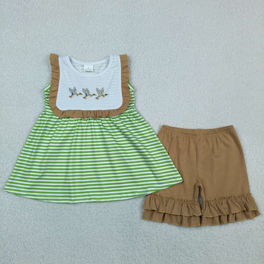 GSSO3432 Kids Embroidery Ducks Baby Girls Sleeveless Stripe Tunic Ruffle Short Clothes Sets