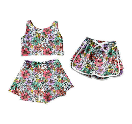 26.1.7 Custom MOQ:3 or 5 pcs each design milk silk Sibling baby girl clothes floral sleeveless skirts sets and shorts