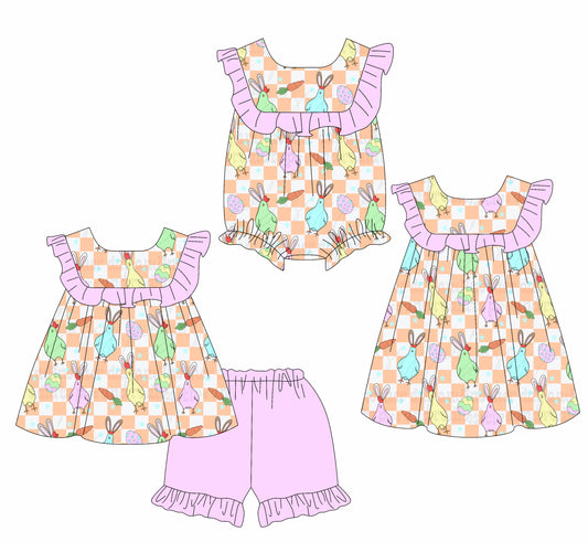 26.1.8 Custom MOQ:3 or 5 pcs each design milk silk Sibling baby girl clothes easter short sleeve shorts sets and dress and romper