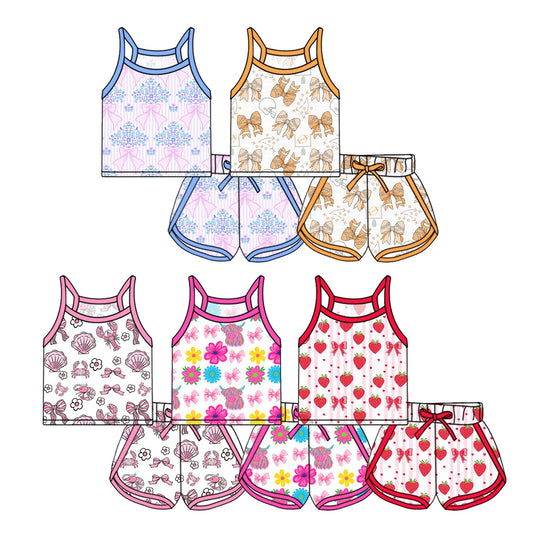 26.1.2 Custom MOQ:3 or 5 pcs each design milk silk Sibling baby girl clothes bow short sleeve shorts sets 5
