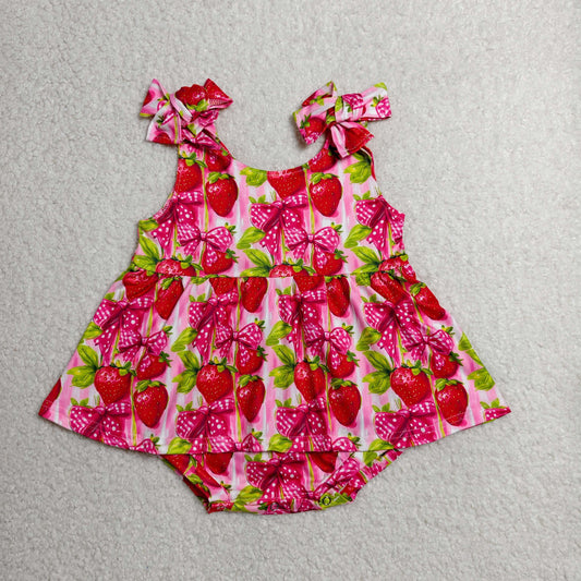 SR4134 Newborn Baby Girls Strap Bows Strawberry Tunic Ruffle Rompers