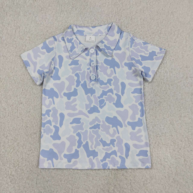 BT1766 Kids Baby Boys Short Sleeve Southern Light Blue Camo Button Polo Shirts Top