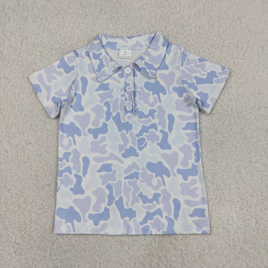 BT1766 Kids Baby Boys Short Sleeve Southern Light Blue Camo Button Polo Shirts Top