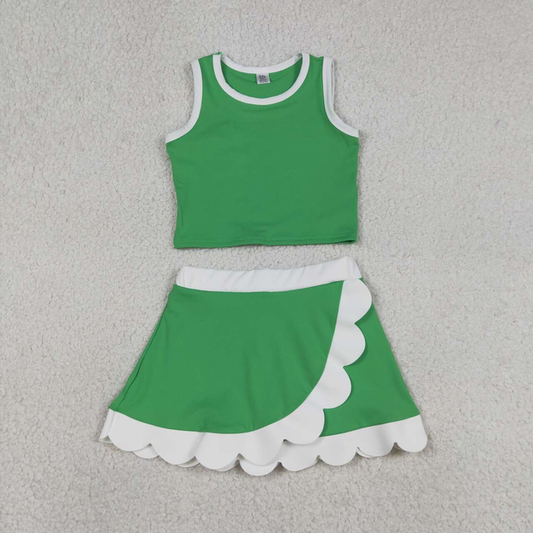 GSD4025 Kids Baby Girls Sleeveless Green Vest Scallop Skirt Short Yoga Active Clothes Set