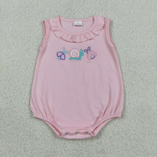 SR4037 Newborn Embroidery Ladybirds Snails Baby Girls Sleeveless Ruffle Rompers