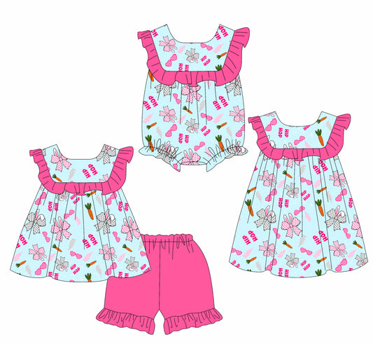 26.1.8 Custom MOQ:3 or 5 pcs each design milk silk Sibling baby girl clothes easter bow short sleeve shorts sets and dress and romper