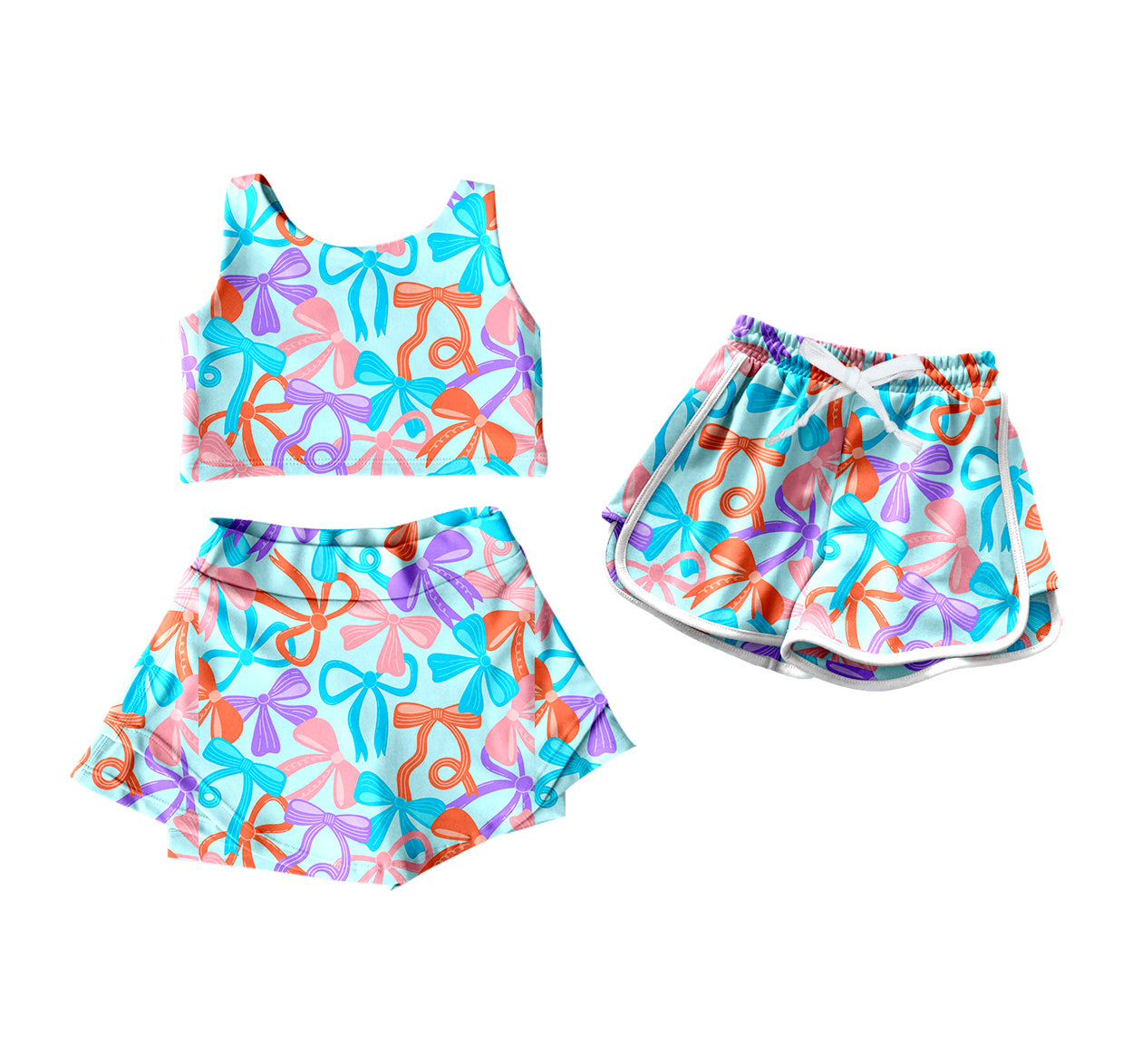 26.1.7 Custom MOQ:3 or 5 pcs each design milk silk Sibling baby girl clothes bow sleeveless skirts sets and shorts