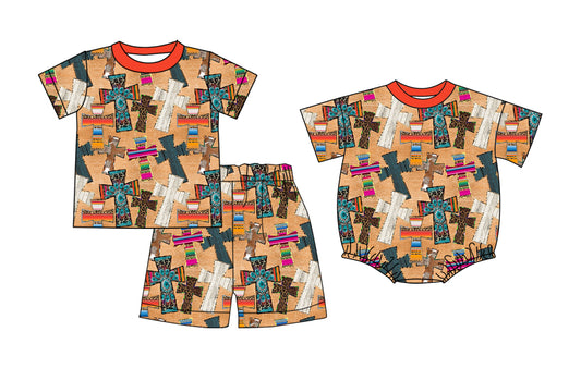 26.1.5 Custom MOQ:3 or 5 pcs each design milk silk Sibling baby boy clothes easter short sleeve shorts sets and romper