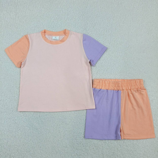 GSSO3504 Kids Baby Girls Peach Purple Patchwork Top Short Slouchy Clothes Sets