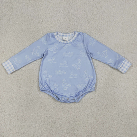 LR2969 Newborn Baby Boys Blue Long Sleeve Ducks Hunting Rompers