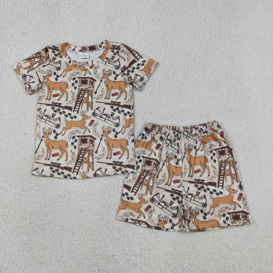 BSSO1559 Kids Baby Boys Short Sleeve Khaki Deer Top Shorts Hunting Pajamas Sets
