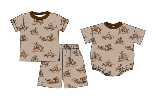 26.1.5 Custom MOQ:3 or 5 pcs each design milk silk Sibling baby boy clothes riding horse short sleeve shorts sets and romper