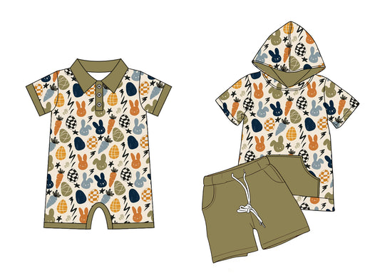 26.1.8 Custom MOQ:3 or 5 pcs each design milk silk Sibling baby boy clothes easter short sleeve shorts sets and romper
