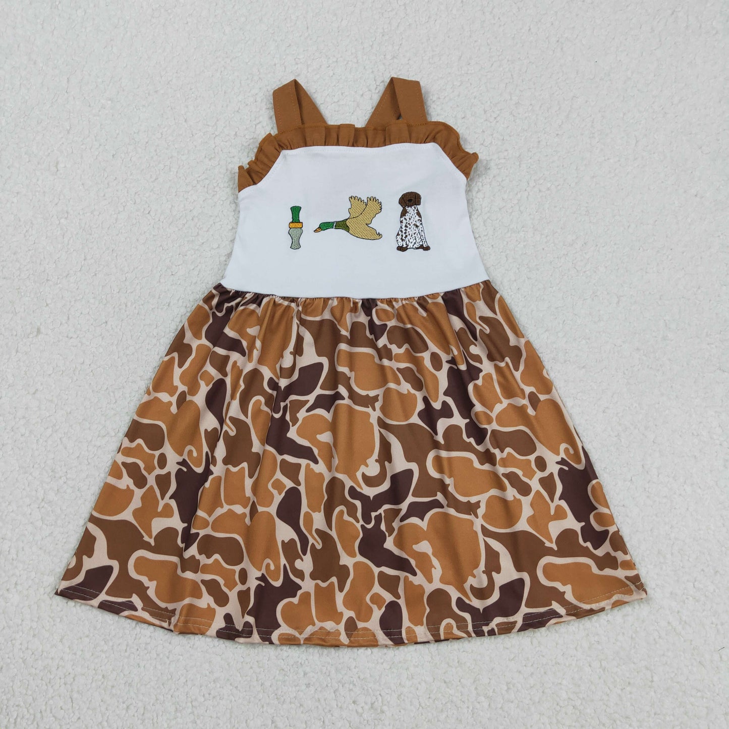 GSD1518 Kids Embroidery Duck Dogs Baby Girl Strap Camo Hunting Knee Length Dress