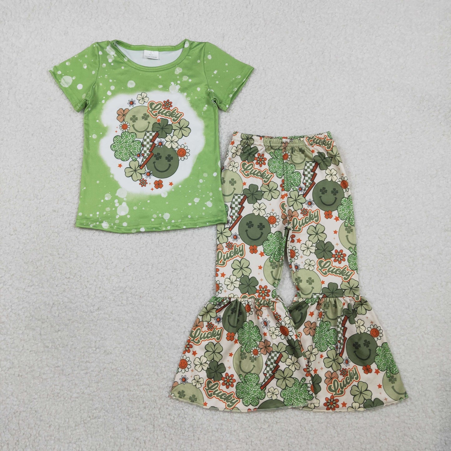 GSPO1876 Kids Baby Girl Smile Clovers Shirt Top Bell Pants St Patrick Clothes Sets