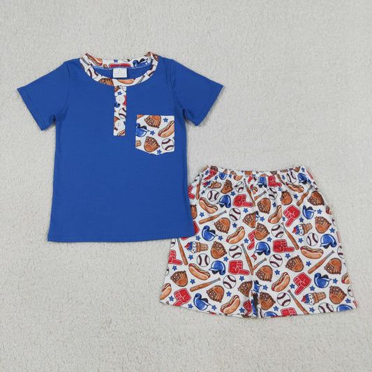 BSSO1922 Kids Baby Boys Button Pocket Shirt Top Baseballs Shorts Team Clothes Sets