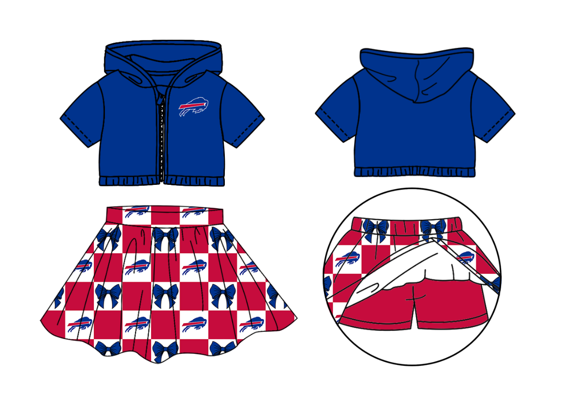 Custom Milk Silk Order MOQ:3 or 5 pcs Each Design Team State Girl Summer Bow Blue And Red Zipper Hooded Short Sleeve Short Skirts Sets