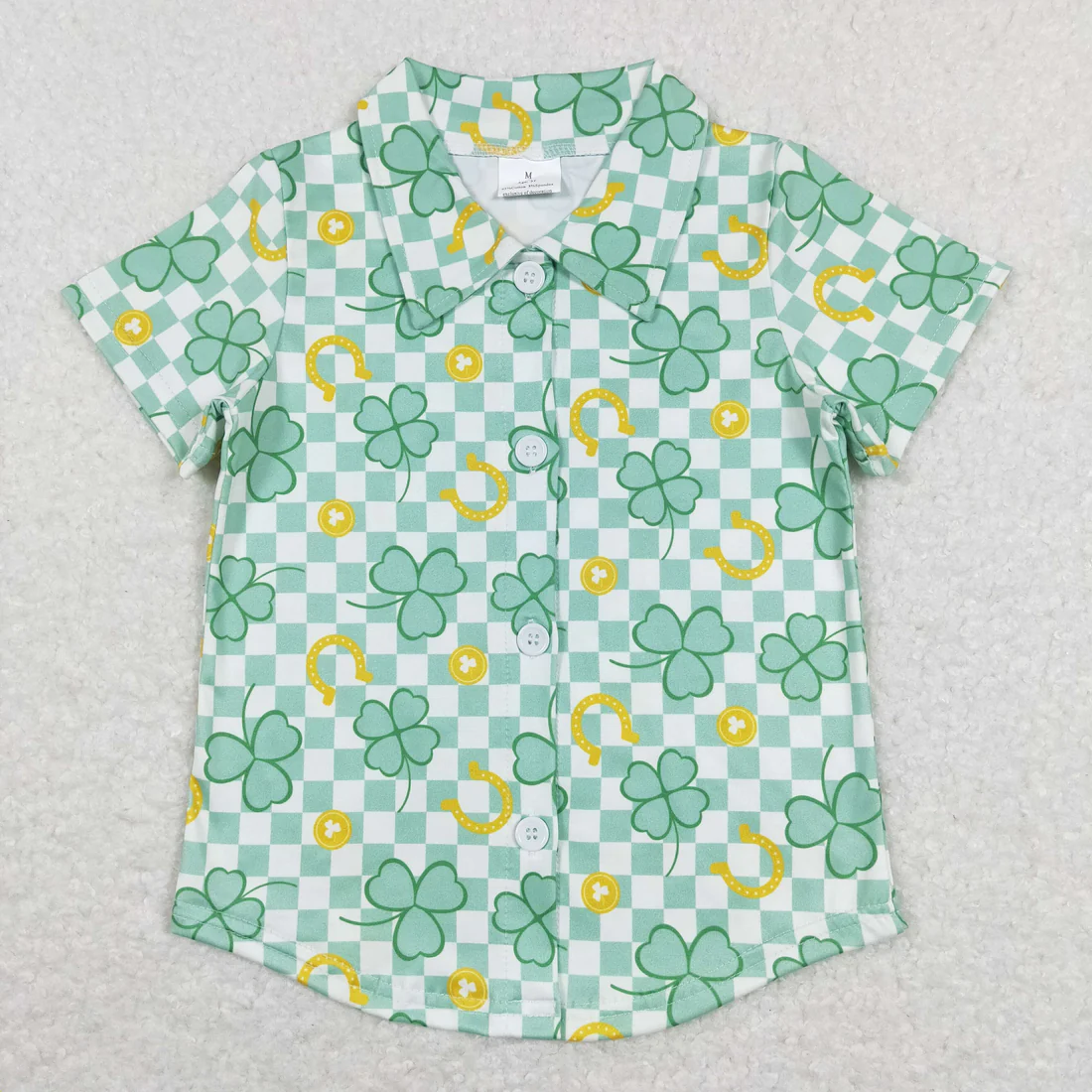 Sibling baby boys clothes St. Patrick's Four Leaf Clover green button short sleeve tops