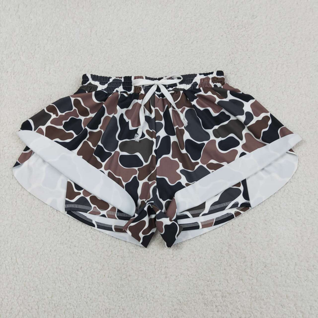 SS0768 Adult Women Dark Brown Camo Yoga Active Shorts Ruffle Bottom