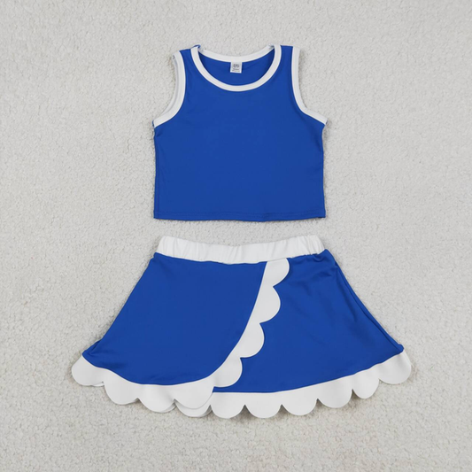 GSD4023 Kids Baby Girls Sleeveless Blue White Vest Scallop Skirt Short Yoga Active Clothes Set