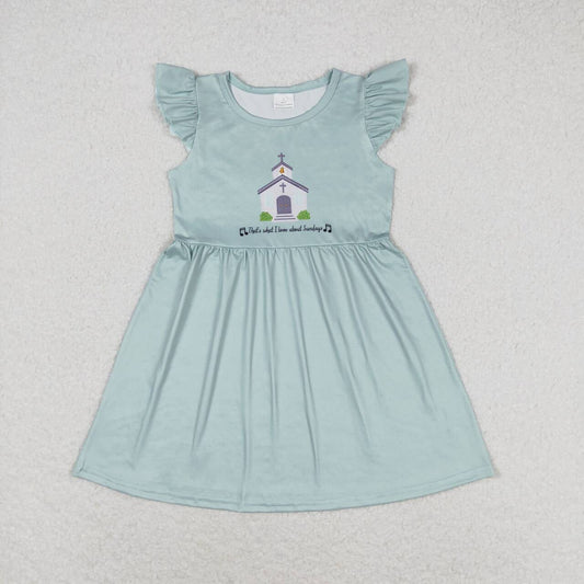 GSD1156 Church letter teal dress with flying sleeves