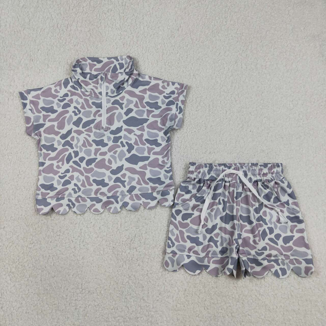 GSSO3564 Kids Baby Girls Southern Light Grey Camo Zip Top Pockets Short Scallop Clothes Sets