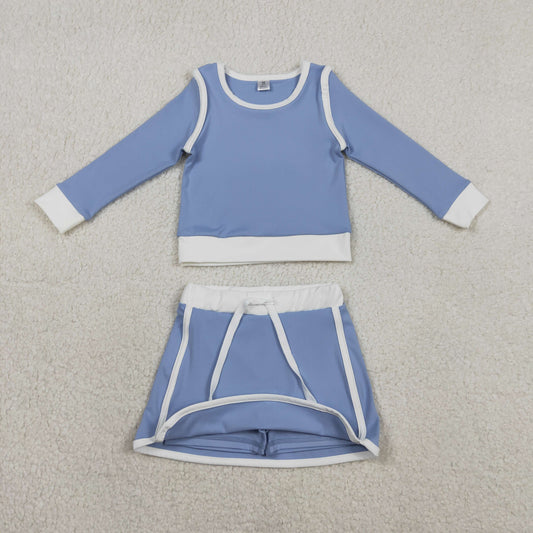 GLD1483 Kids Baby Girl Blue Long Sleeve Top Skirts Shorts Yoga Active Clothes Sets