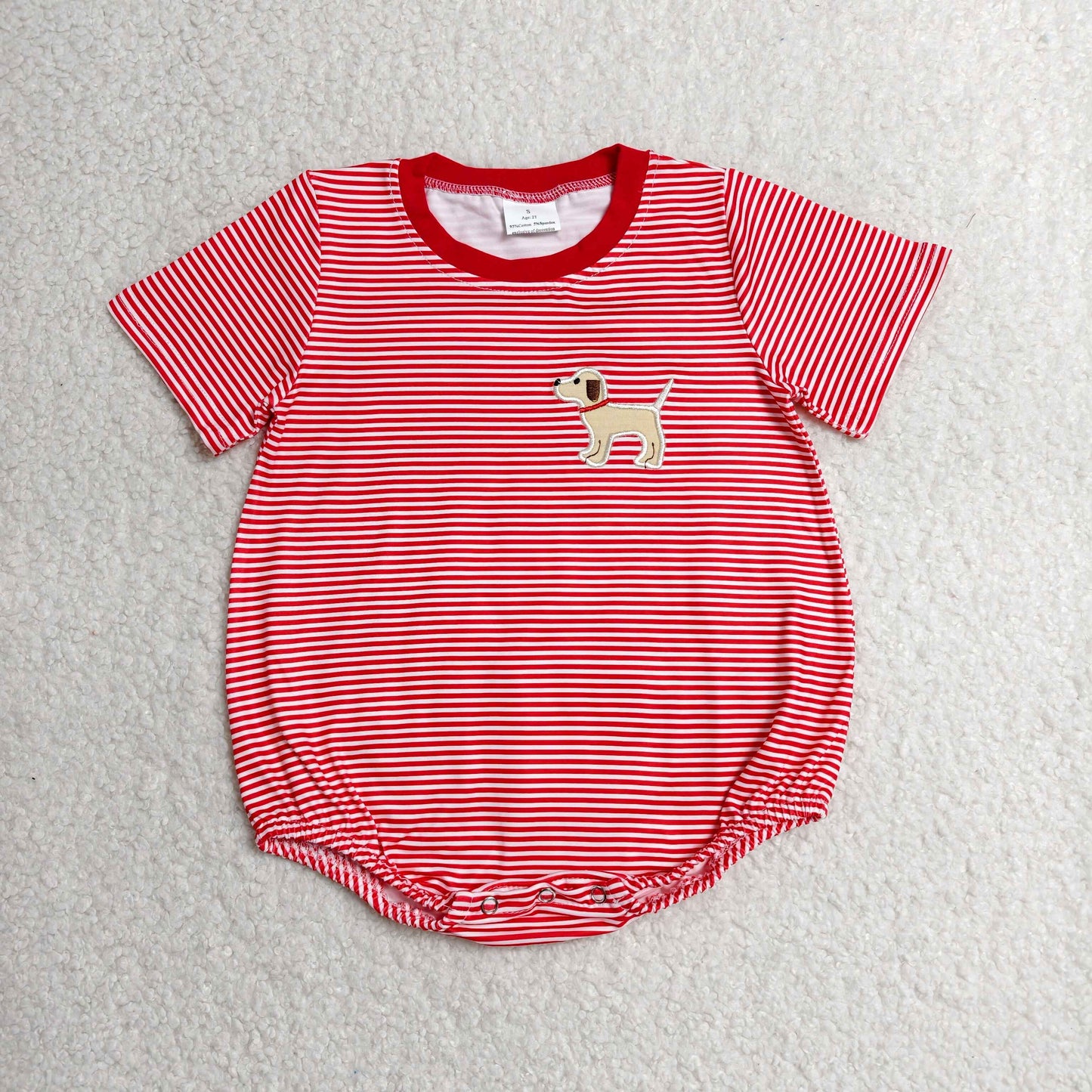 SR2286 Newborn Embroidery Dog Baby Boys Red Stripes Short Sleeve Rompers
