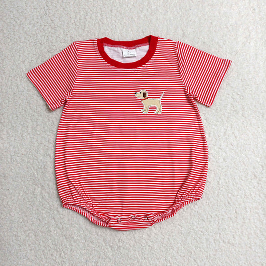 SR2286 Newborn Embroidery Dog Baby Boys Red Stripes Short Sleeve Rompers