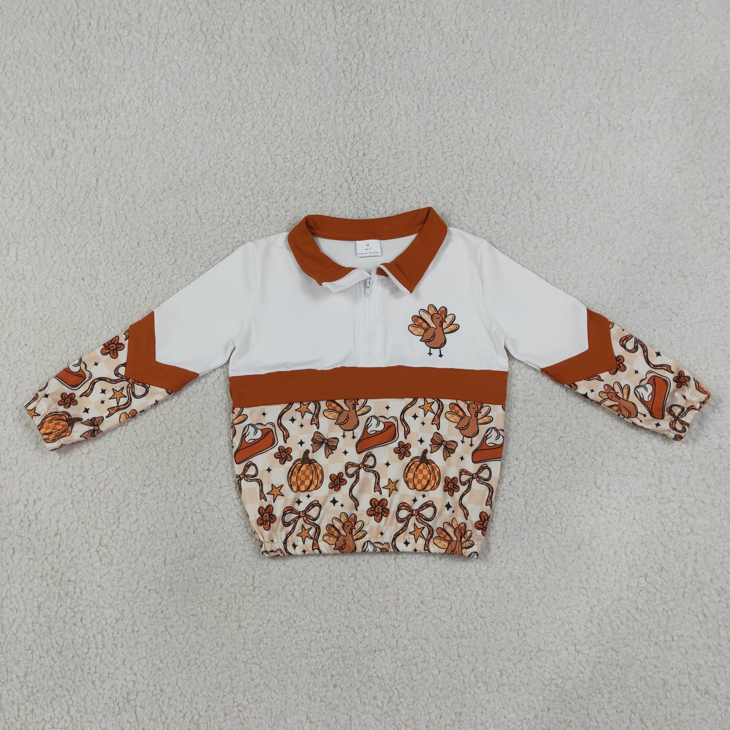 GT1723 Kids Clothing Baby Girls Turkey Bows Pumpkins Thanksgiving Zipper Pullovers Top