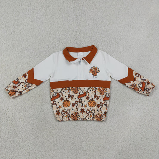 GT1723 Kids Clothing Baby Girls Turkey Bows Pumpkins Thanksgiving Zipper Pullovers Top