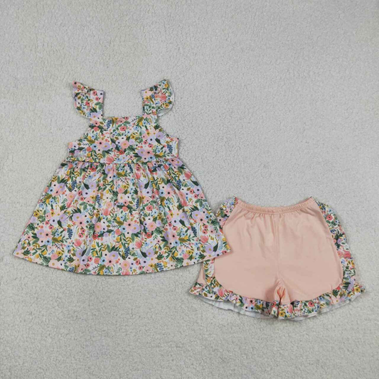 GSSO2180 Kids Baby Girls Flutter Sleeve Colorful Flowers Tunic Ruffle Shorts Clothes Sets
