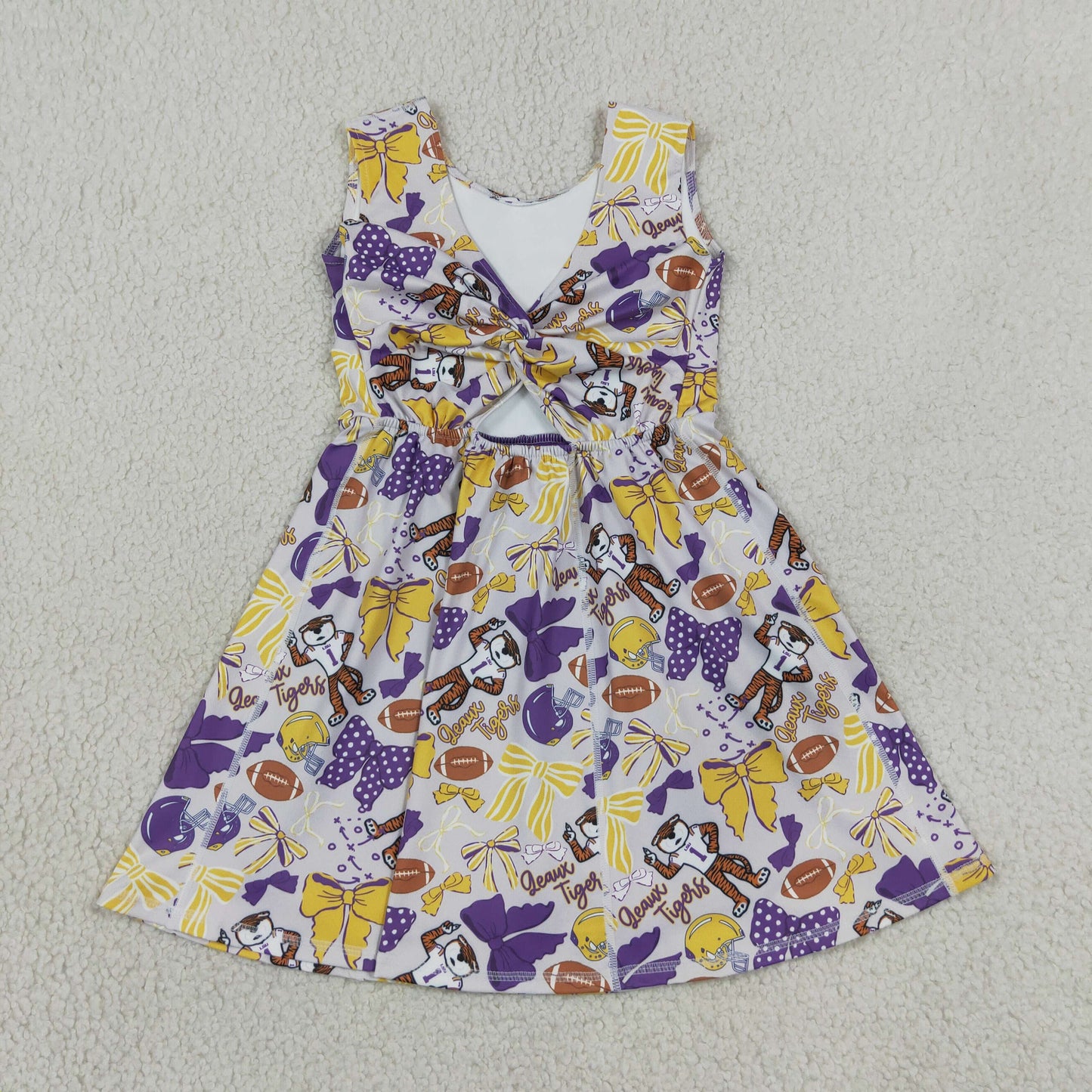 GSD3801 Kids Clothing Baby Girls Footballs Bows Tigers Team Yoga Active Shorts Knee Length Dresses
