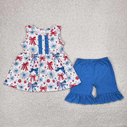 4.15 GSSO2346 Baby Girls Sleeveless Butter Blue Red Bows Fireworks Tunic Ruffle Short 4th Of July Set