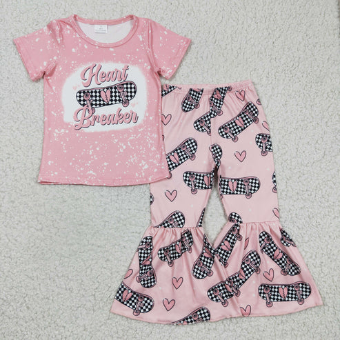 4.14 RTS NO MOQ GSPO0320 Girl heart love skateboard pink short-sleeved trousers suit