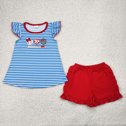 4.15 GSSO2348 Baby Girls Blue Stripe Flutter Sleeves Baseballs Tunic Red Ruffle Short Set