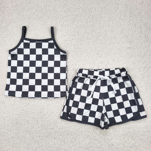 4.15 GSSO2334 Baby Girls Black Strap Plaid Top Short Sport Set