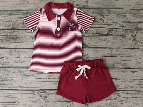 5.7 Baby Boys Dark Red Stripes Elephant A Team Short Sleeve Tee Shirt Shorts Clothes Sets preorder(moq 3)