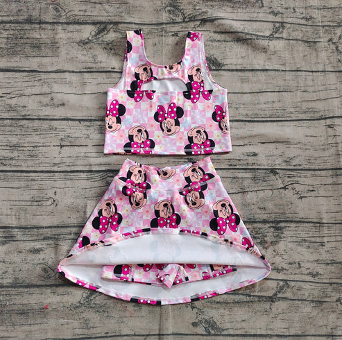 4.21 GSD2460 Baby Girls Sleeveless Pink Plaid Cartoon Mouse Top Skort Yoga Set Preorder