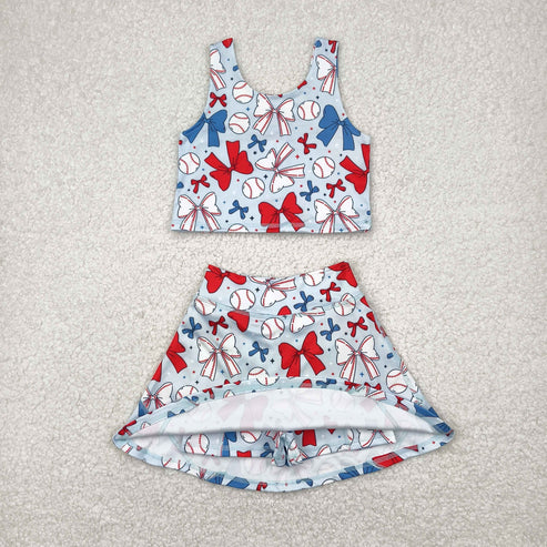 4.15 GSD2151 Baby Girls 4th Of July Bows Baseball Yoga Vest Skirt Active Wear Set