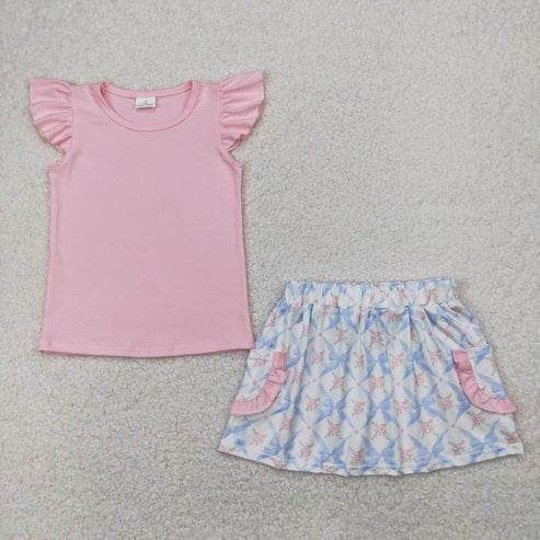 4.15 GSD2360 Baby Girls Pink Flutter Sleeves Top Floral Bows Pockets Skirts Set