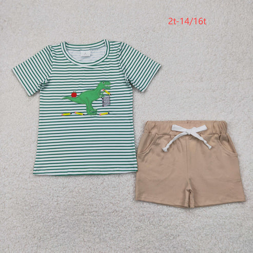 4.9 BSSO1416 Baby Boys Green Stripe Short Sleeves Dinosaur Top Gray Pockets Short Clothes Set