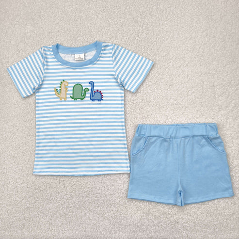 4.19  BSSO1375 Baby Boys Blue Dinosaurs Shirt Tops Shorts Clothes Set